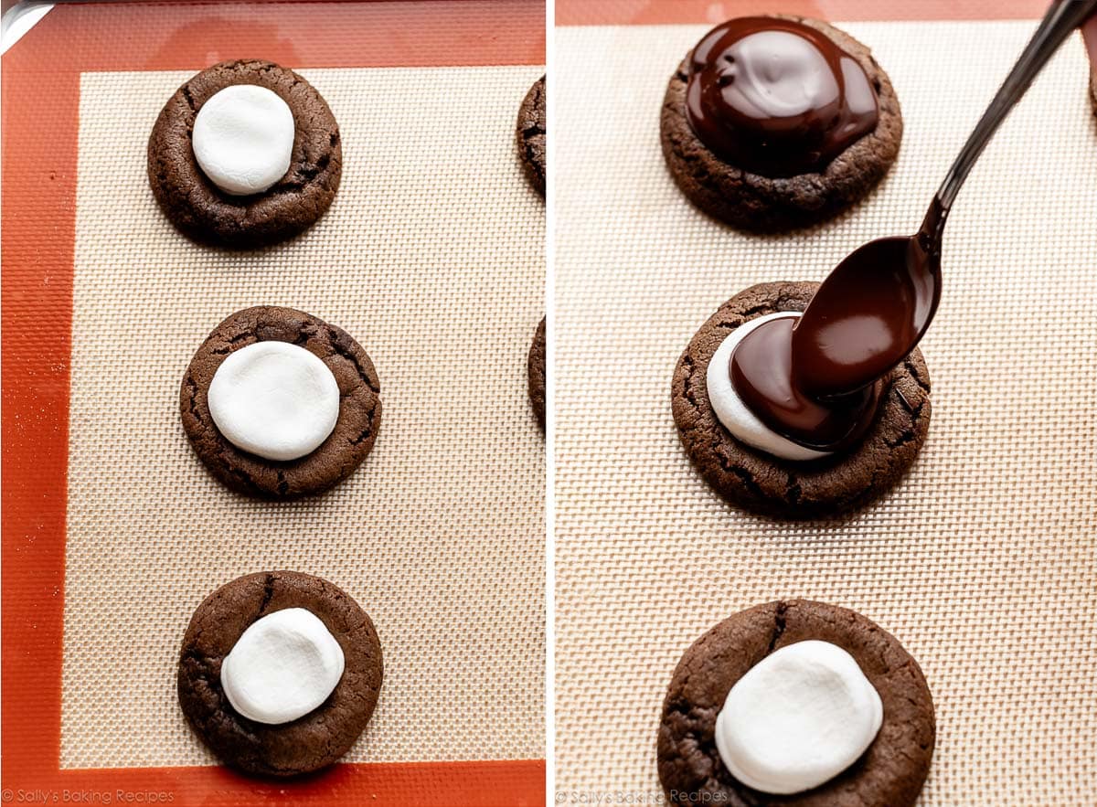 melted marshmallow on chocolate cookie and shown again with melted chocolate being spooned on top.