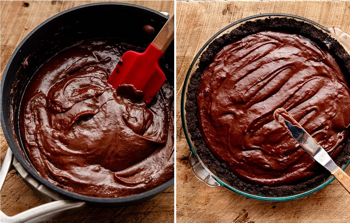 chocolate pudding and shown again being spread into chocolate cookie crust.