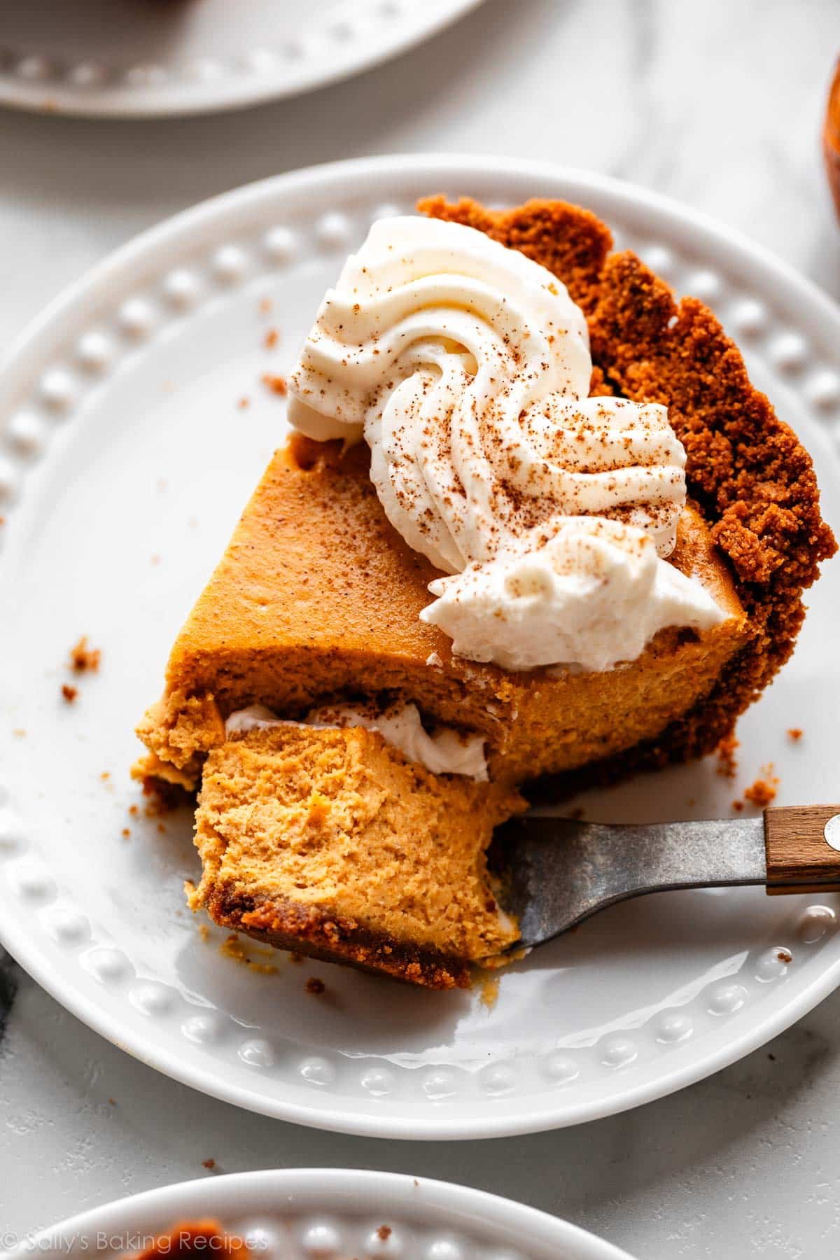 slice of pumpkin cheesecake pie on white plate with fork holding a bite next to it.