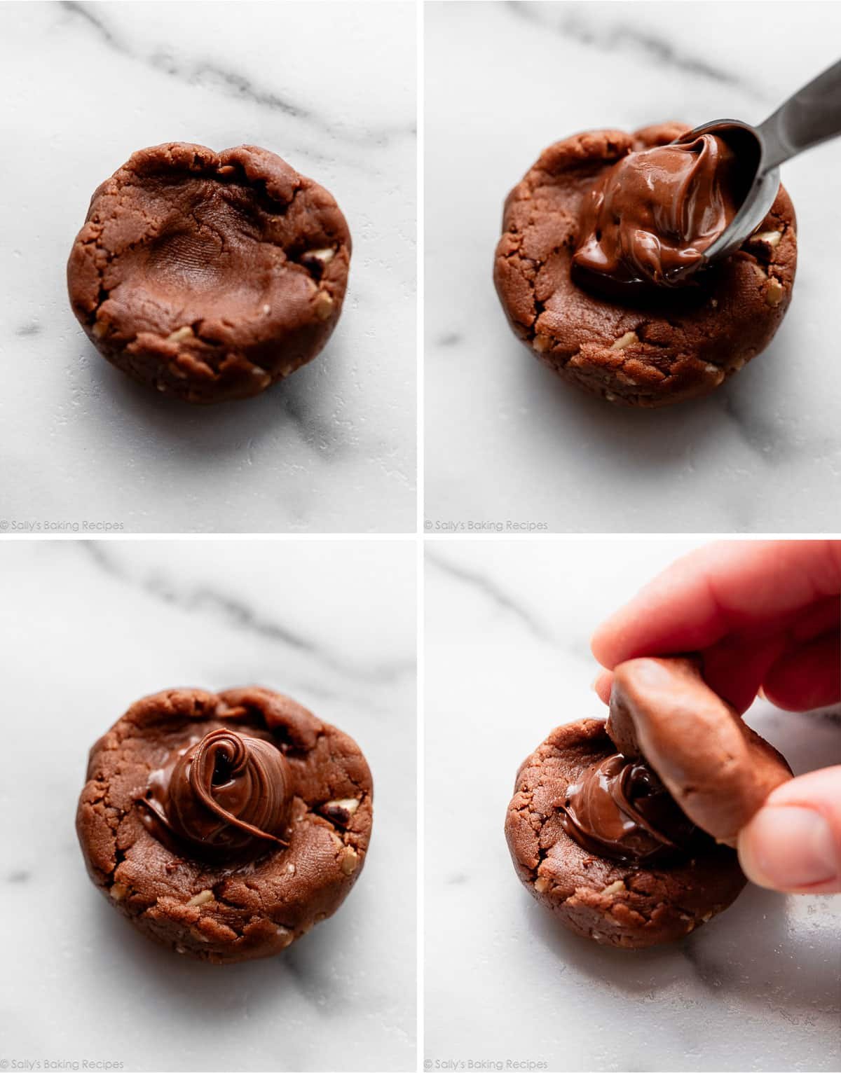 4 photo collage showing filling a dough ball with Nutella.