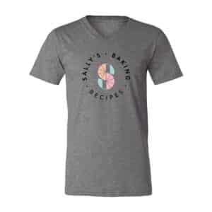 sally's baking recipes in adult unisex v-neck t-shirt in deep heather grey