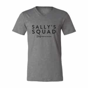 sally's squad in adult unisex v-neck t-shirt in deep heather grey