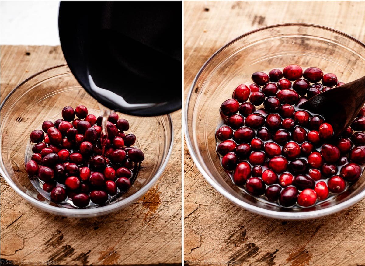 pouring water syrup over cranberries in bowl.
