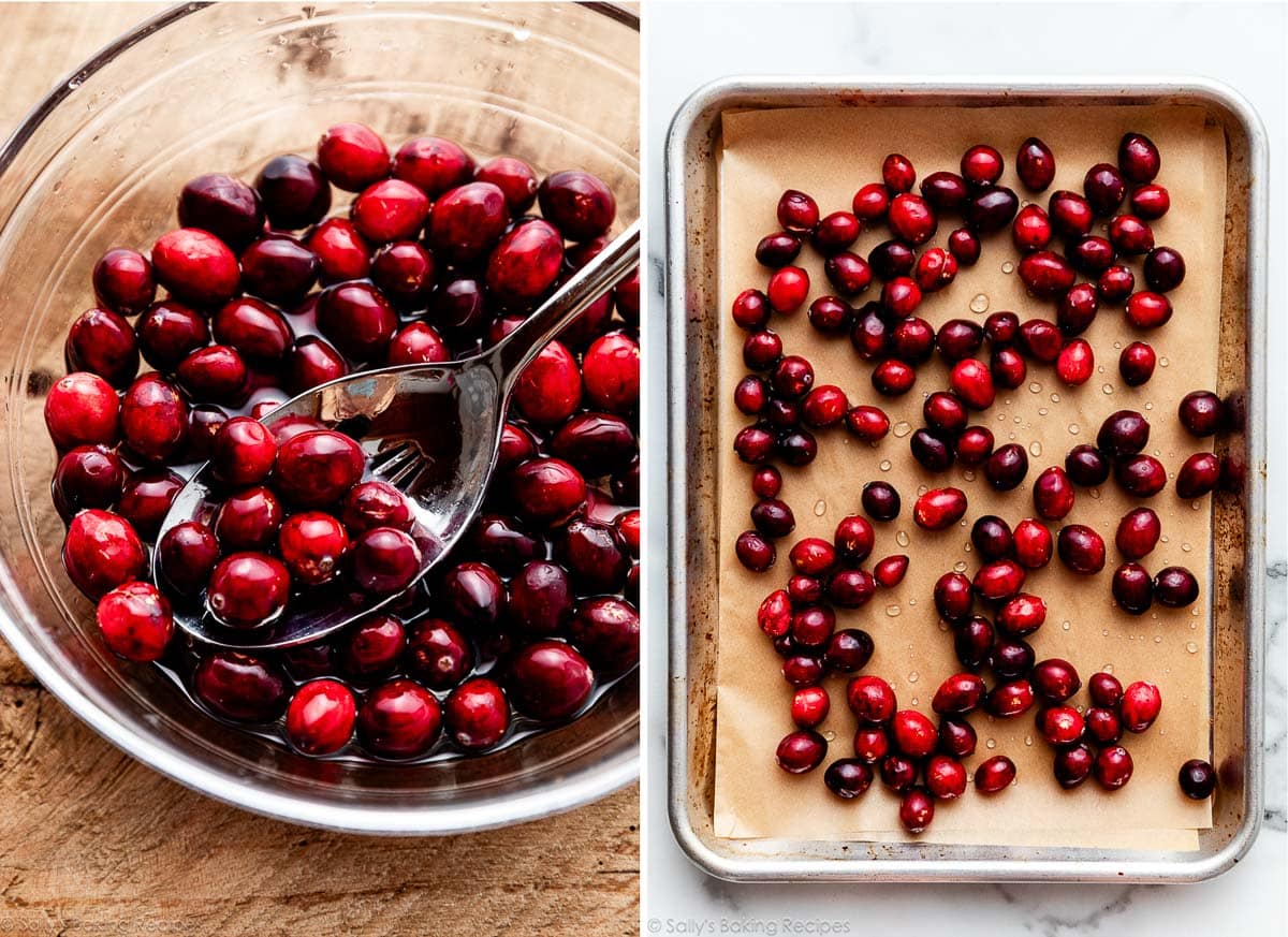 slotted spoon spooning out cranberries from bowl and shown again spread out on a lined baking sheet.