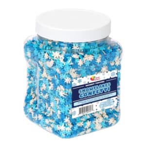 tub of blue and white snowflake sprinkles.