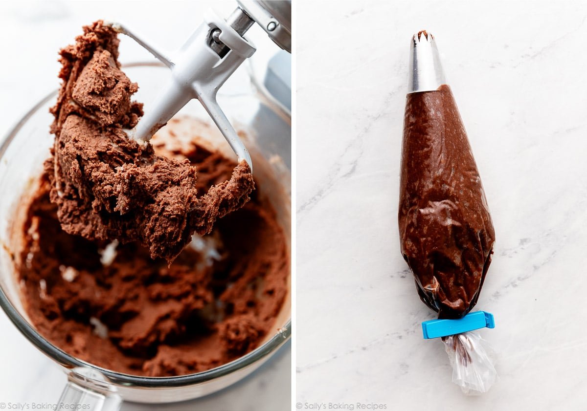 chocolate cookie dough and pictured again in piping bag.