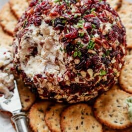 cranberry white cheddar cheese ball cut open with crackers on plate.