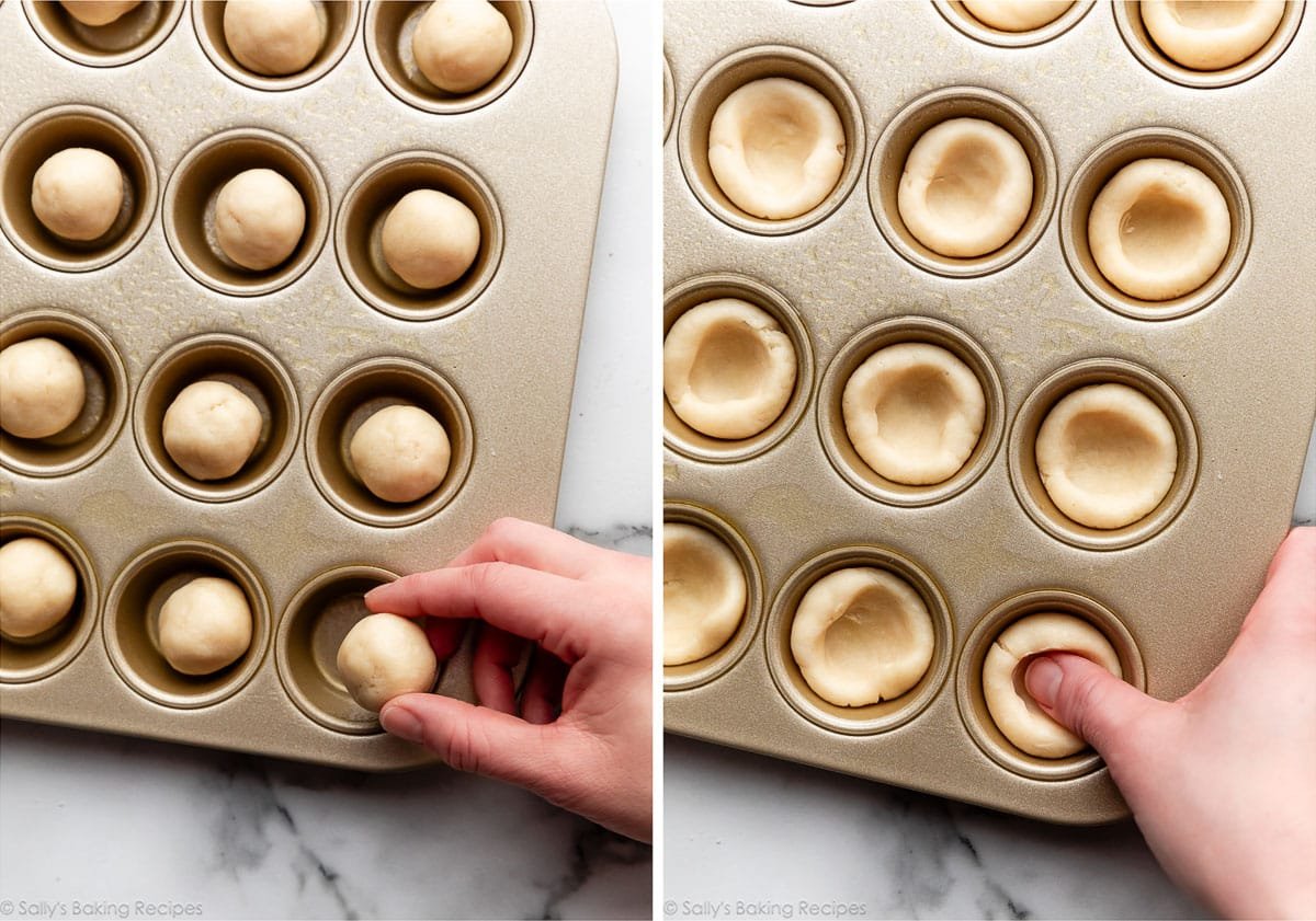 balls of dough in mini muffin pan and shown again being pressed with a thumb.