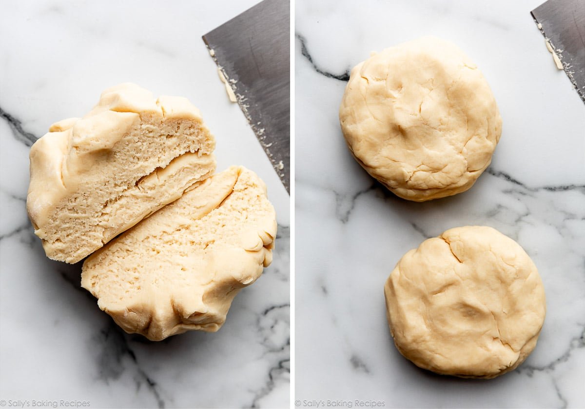 cream cheese dough split in half and shown again flattened into discs.