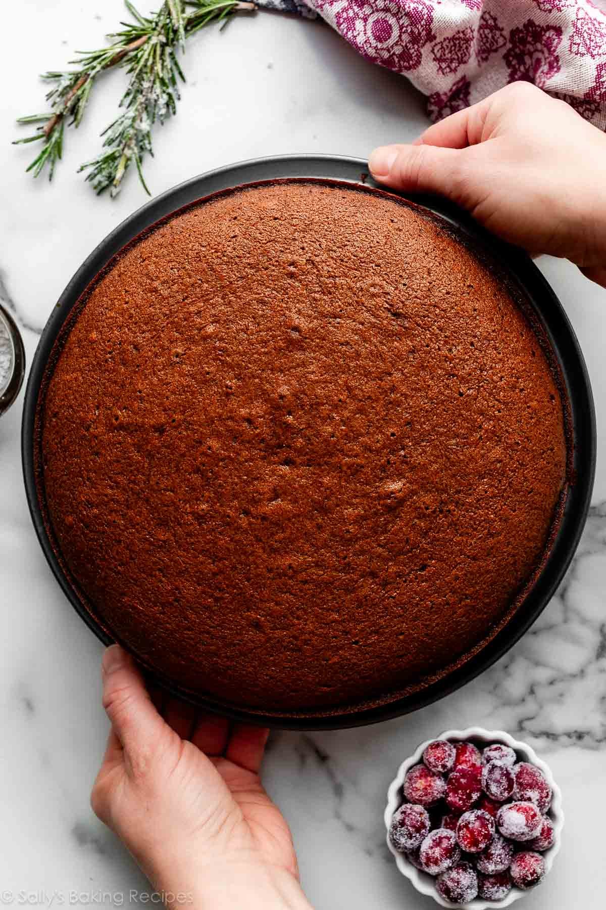 hands holding gingerbread in round pan.