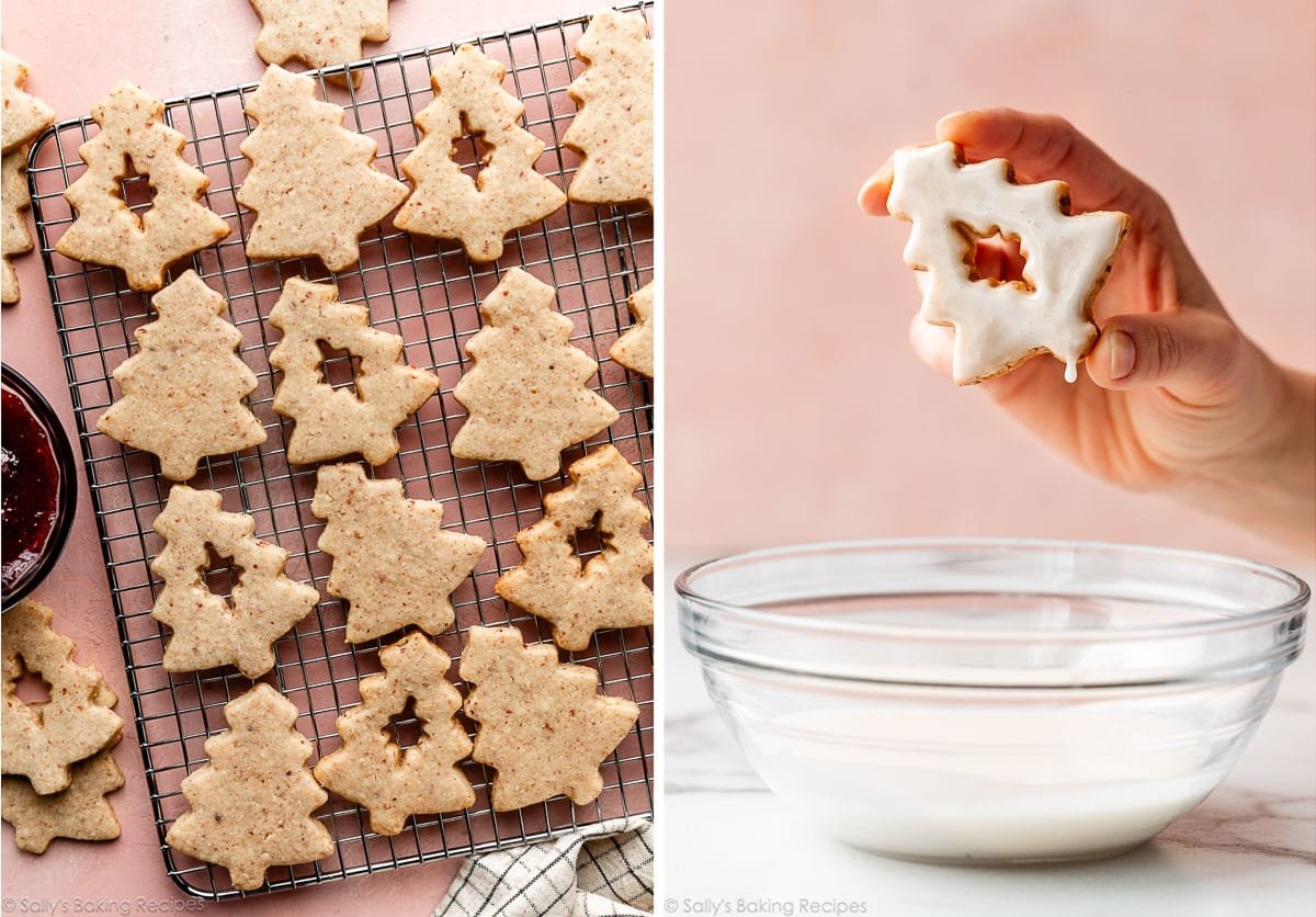 almond linzer cookies in the shapes of trees and shown again being dipped in icing.