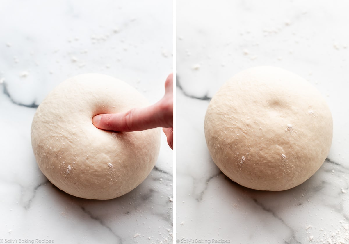 finger poking dough ball and dough ball shown again after bouncing back.