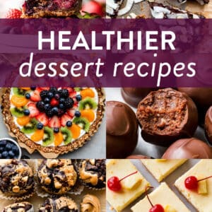 collage of healthy dessert recipes pictures including berry streusel bars, chocolate coconut tart, fruit tart, peanut butter chocolate swirl banana muffins, and pineapple yogurt bars.