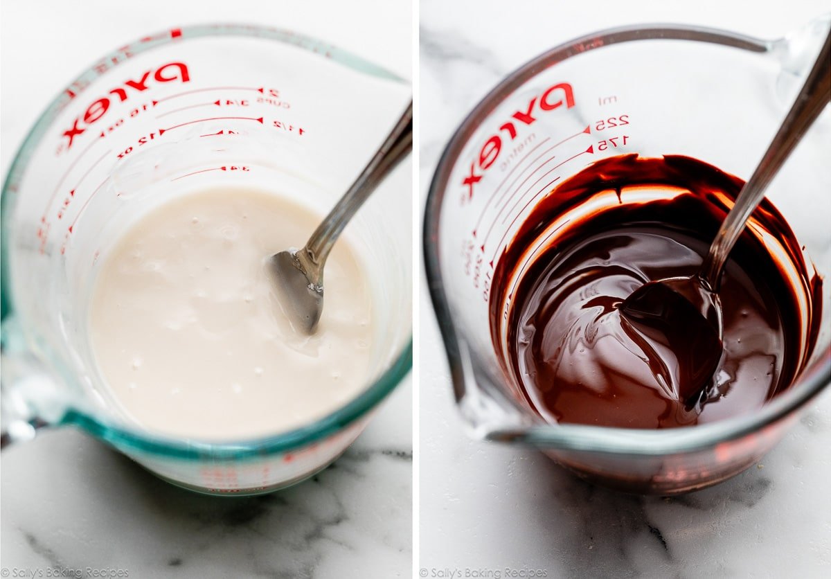 two photo collage showing vanilla icing in one photo and melted chocolate in the other.