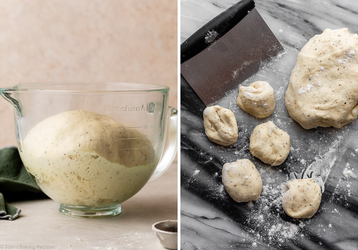 risen dough in glass bowl and shown again with dough scraper cutting in pieces.