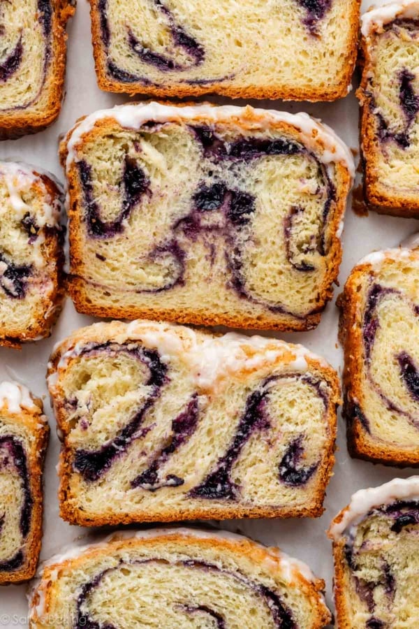 slices of lemon blueberry babka with icing.