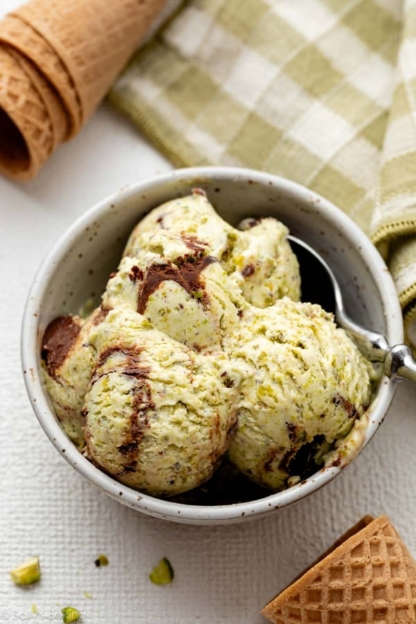 bowl of homemade no-churn pistachio ice cream.