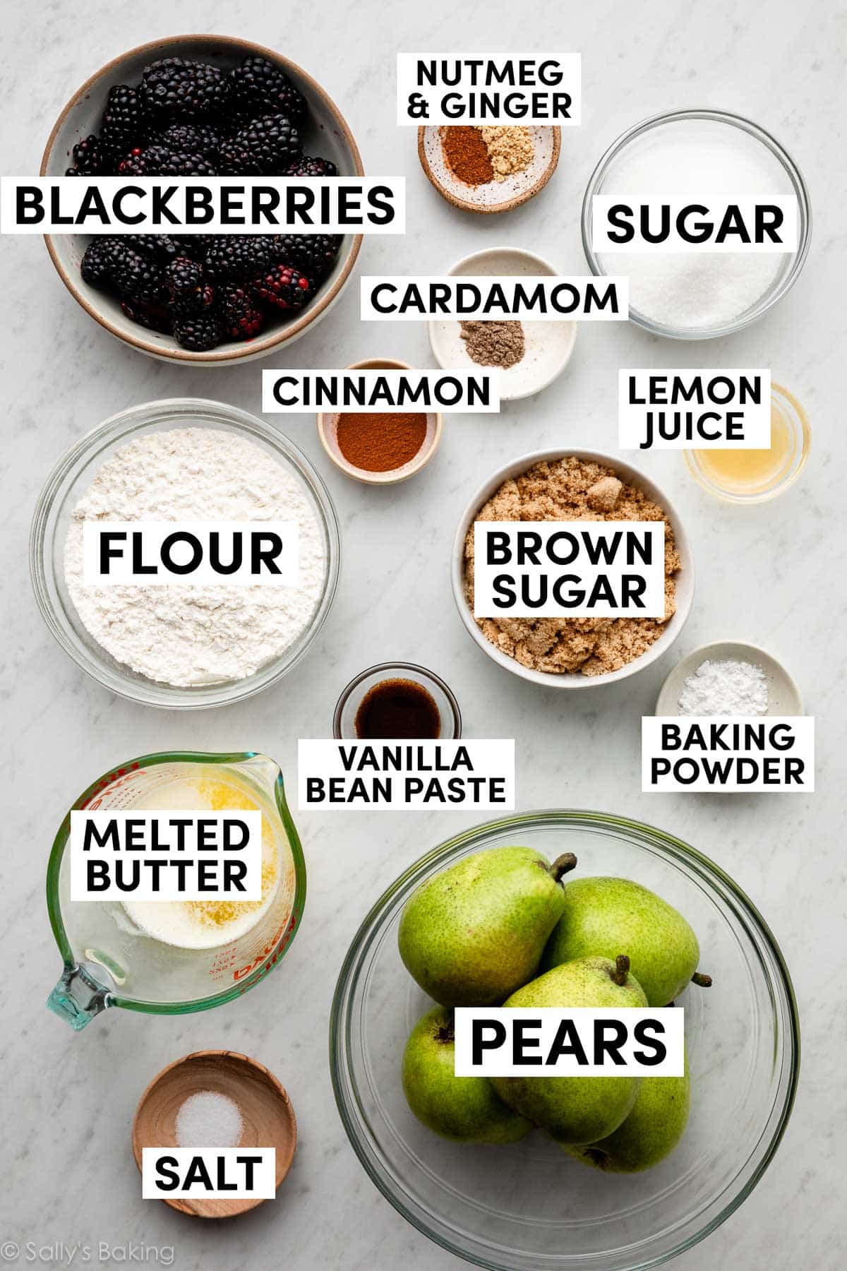 ingredients in bowls including blackberries, sugar, lemon juice, brown sugar, and flour.