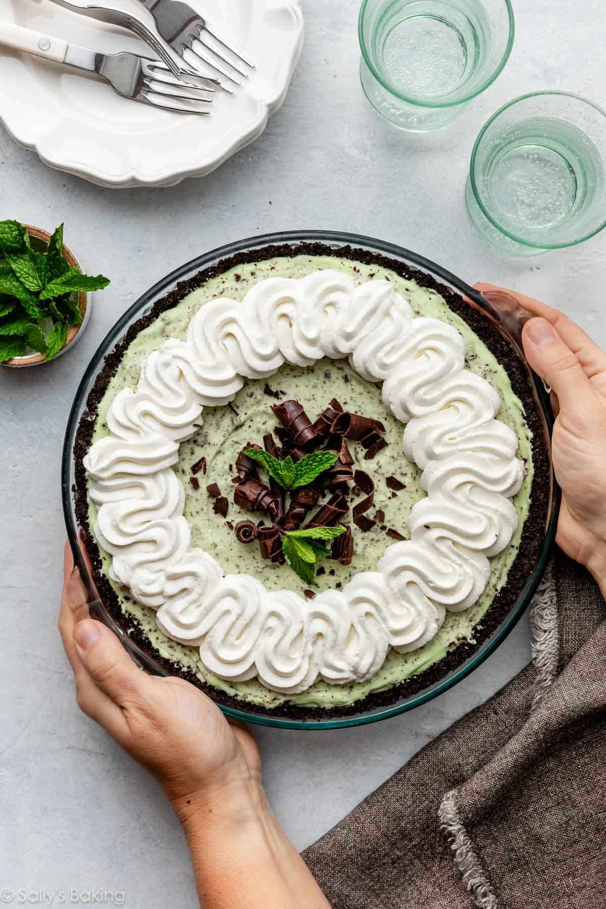 hands holding creme de menthe mint chocolate pie.
