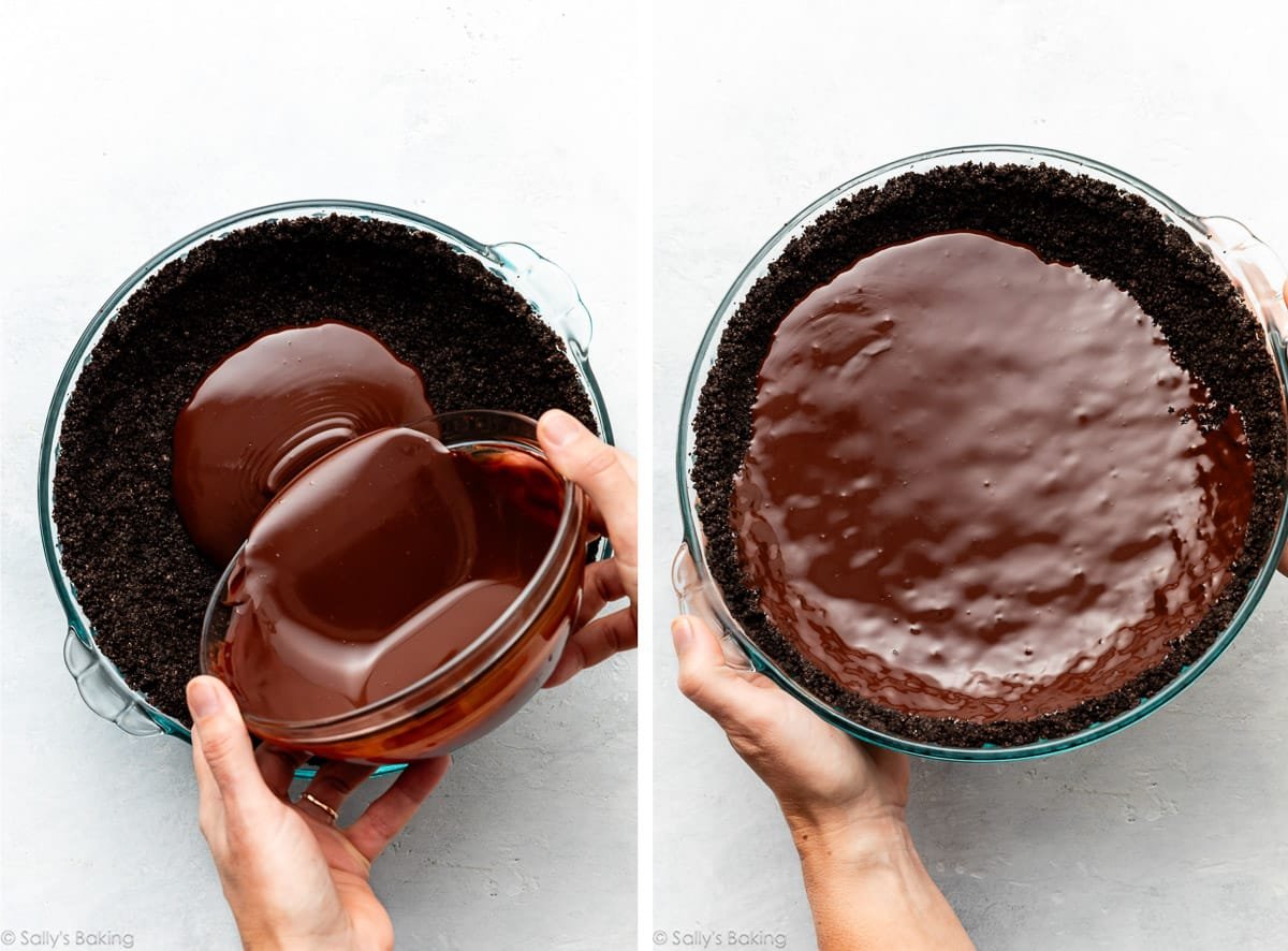 pouring chocolate into oreo crust.