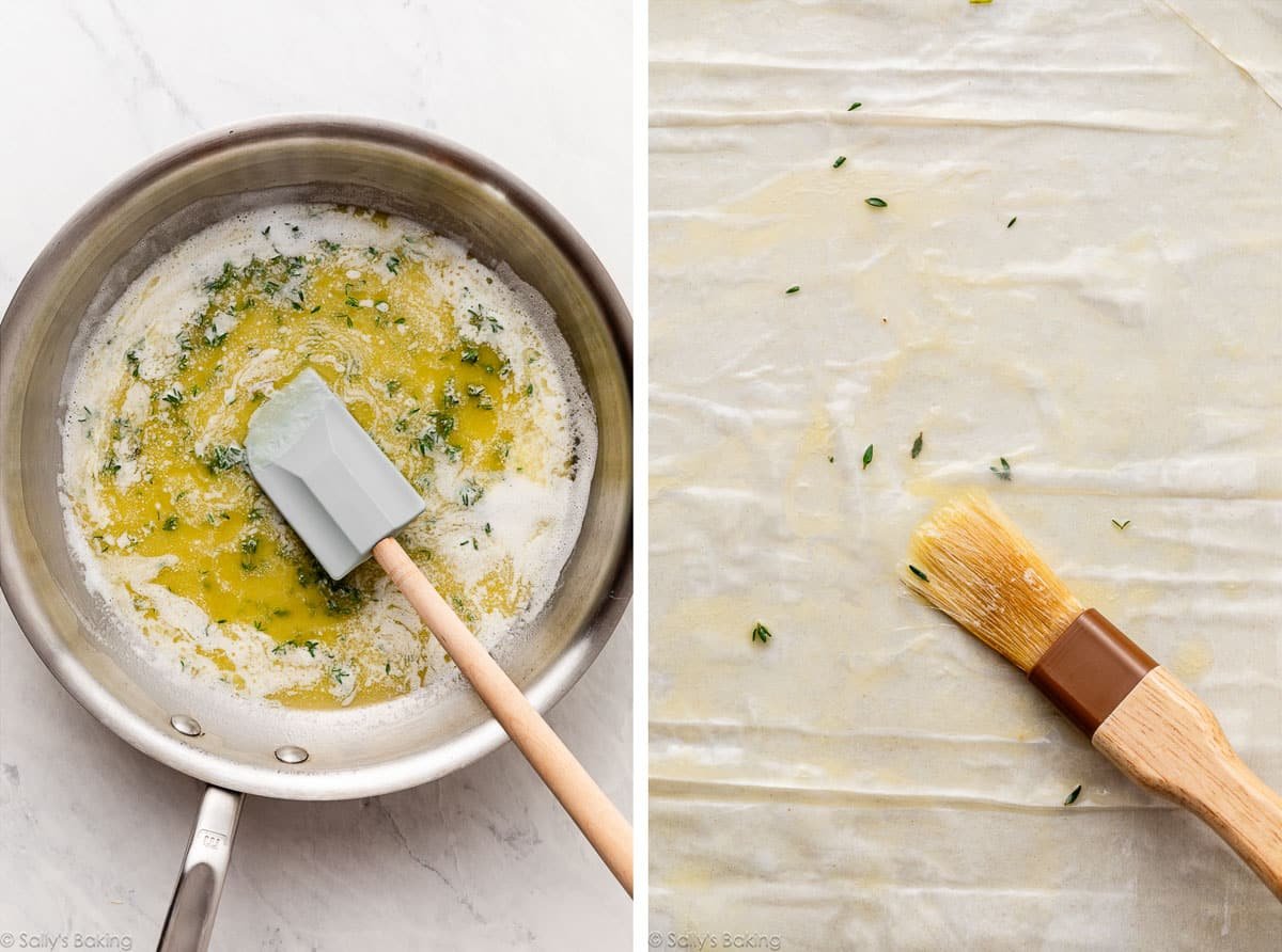 melted butter and thyme and shown again being brushed on dough.