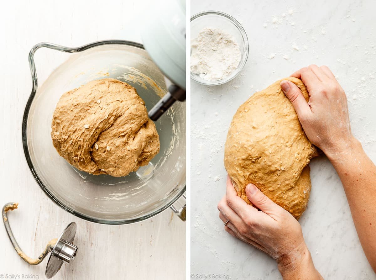 dough inbow land hands kneading it.