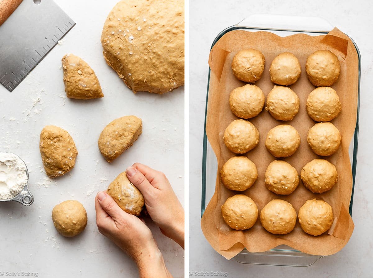 hands shaping rolls and rolls in pan.