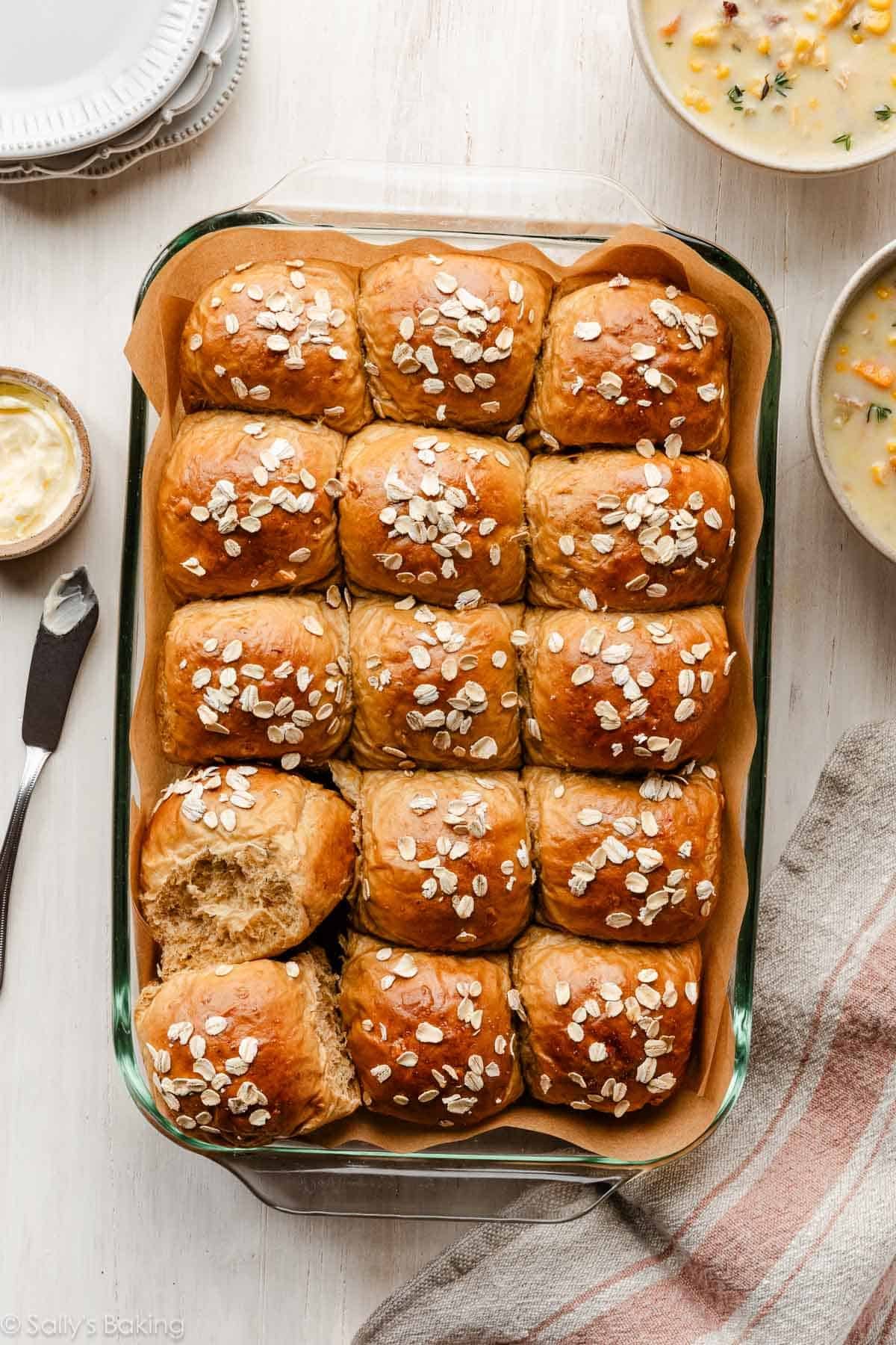 oatmeal molasses rolls with oats on top.