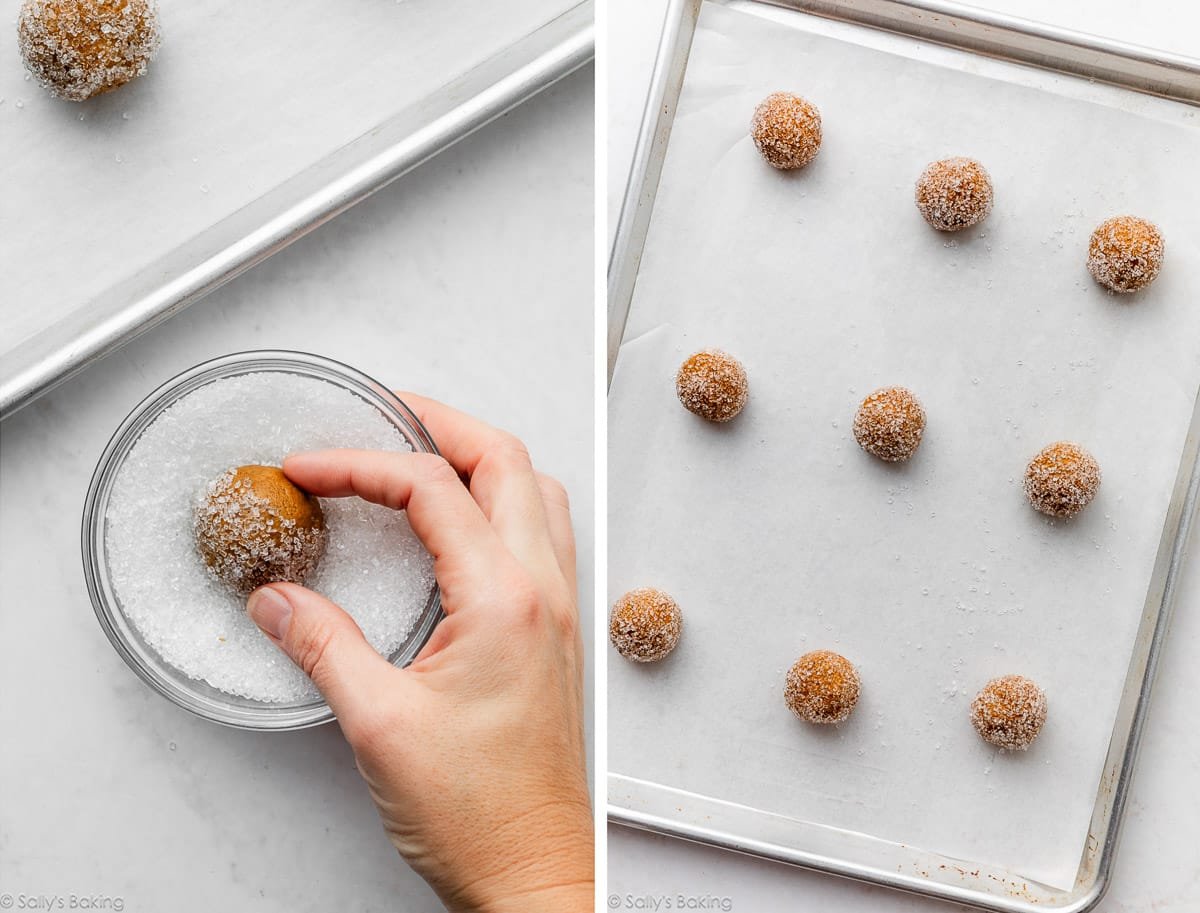 hand rolling dough ball in coarse sugar.