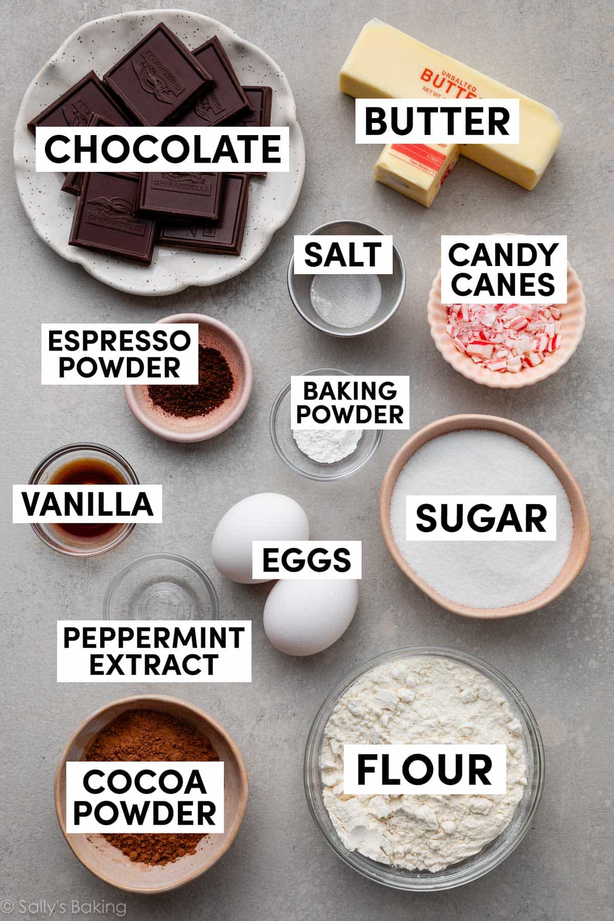 ingredients in bowls including sugar, flour, cocoa powder, eggs, baking powder, salt, and butter.
