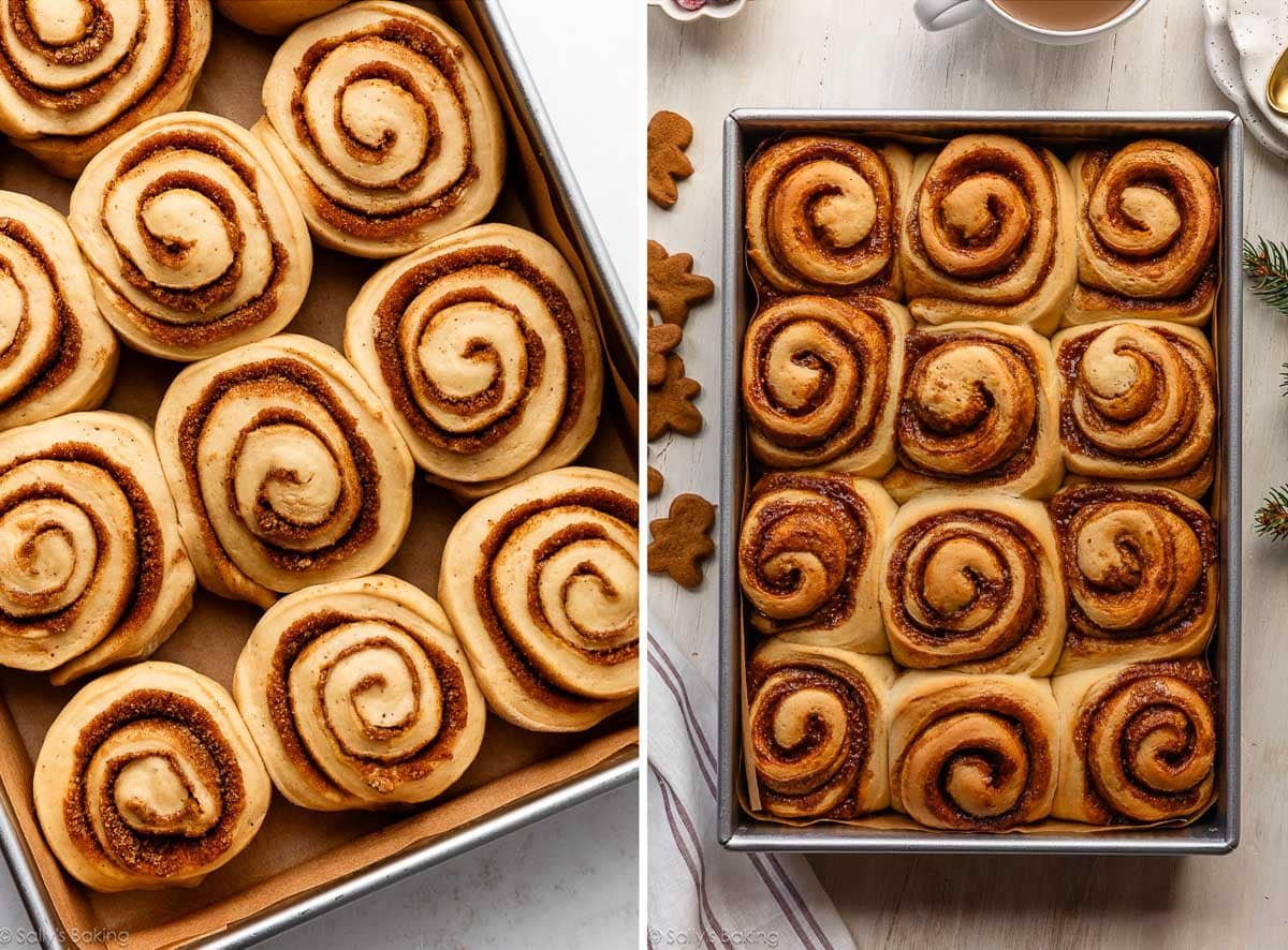 cinnamon rolls before and after baking.