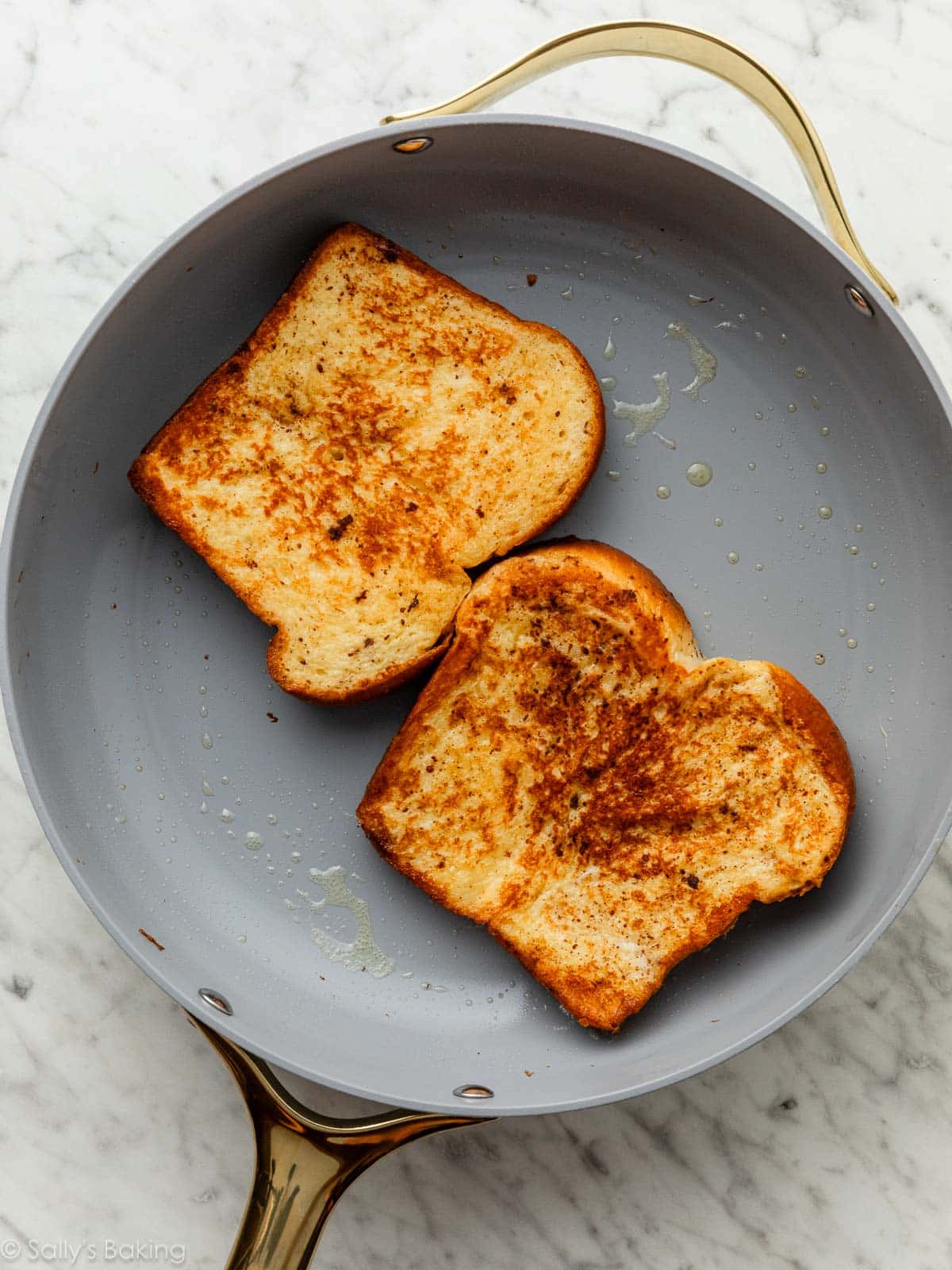slices of bread in skillet.