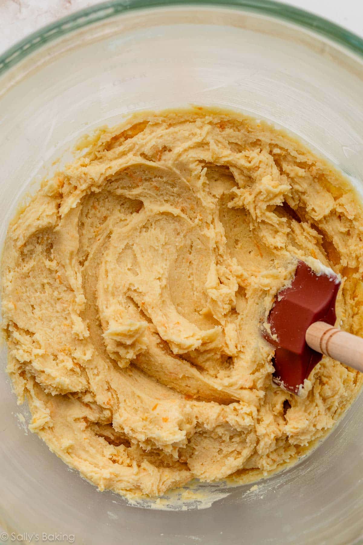 cookie dough in glass bowl.
