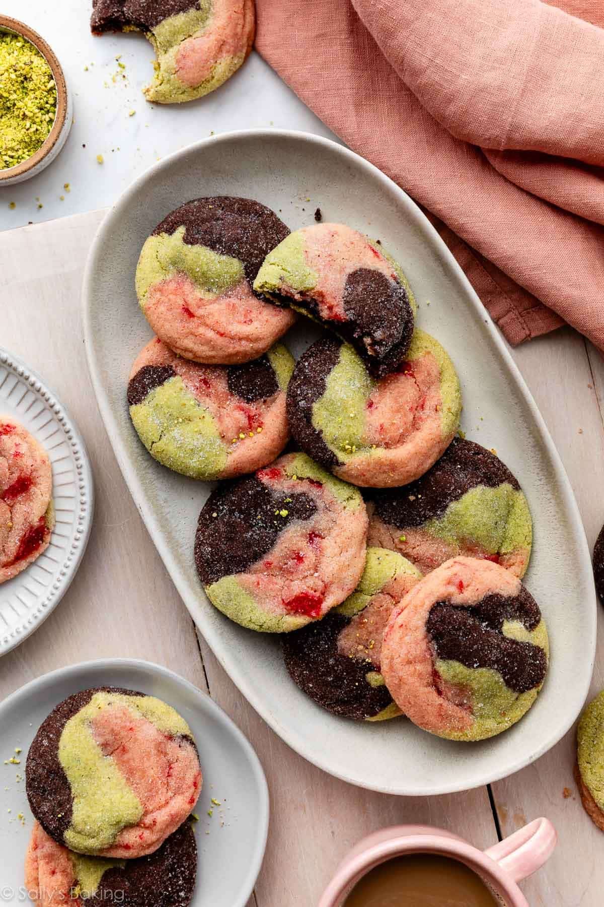 spumoni cookies with chocolate, pistachio, and cherry flavors marbled together.
