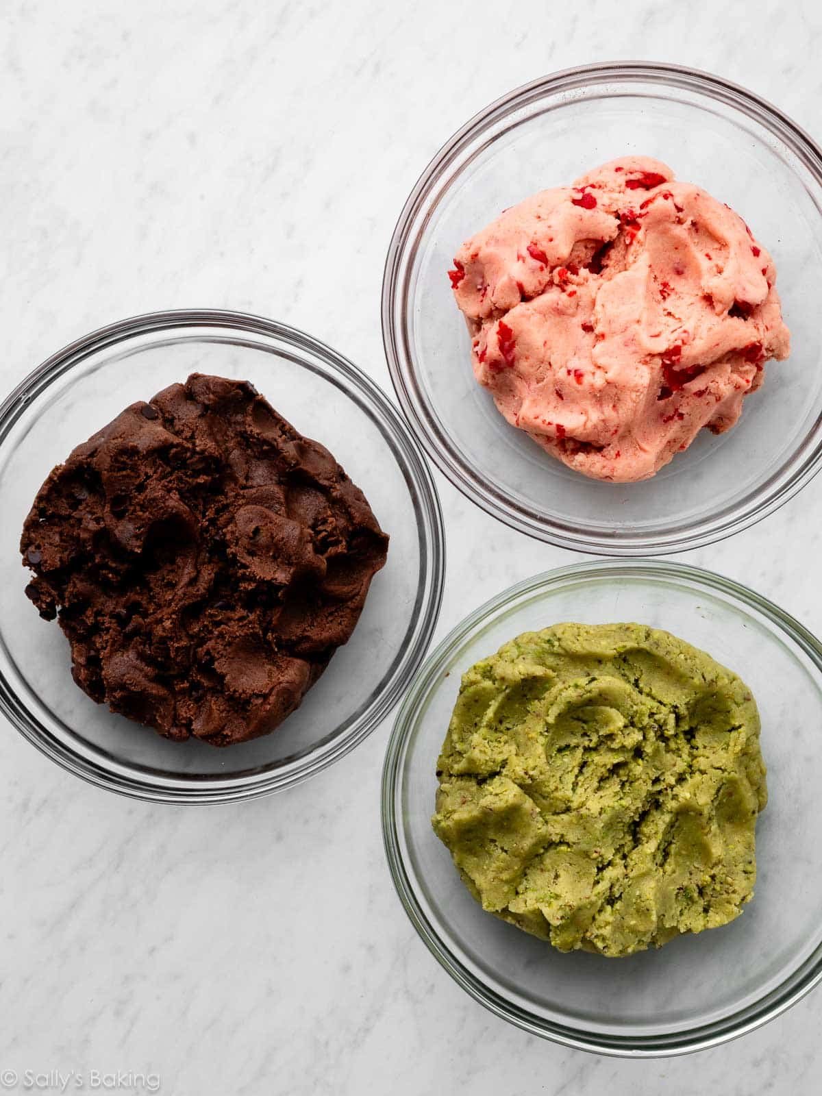 3 cookie dough flavors in bowls.