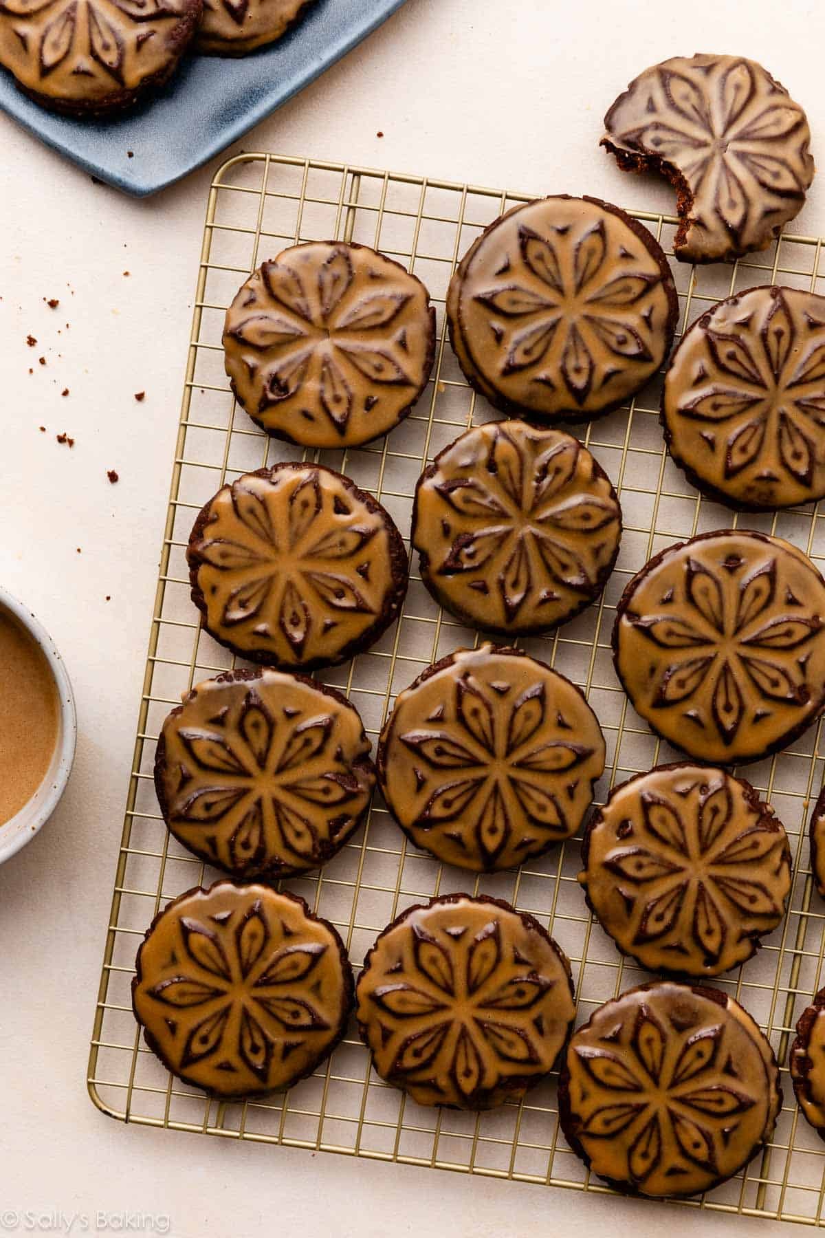 stamped chocolate espresso cookies with icing.