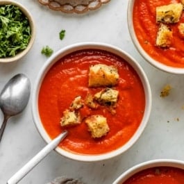 tomato soup in bowls.