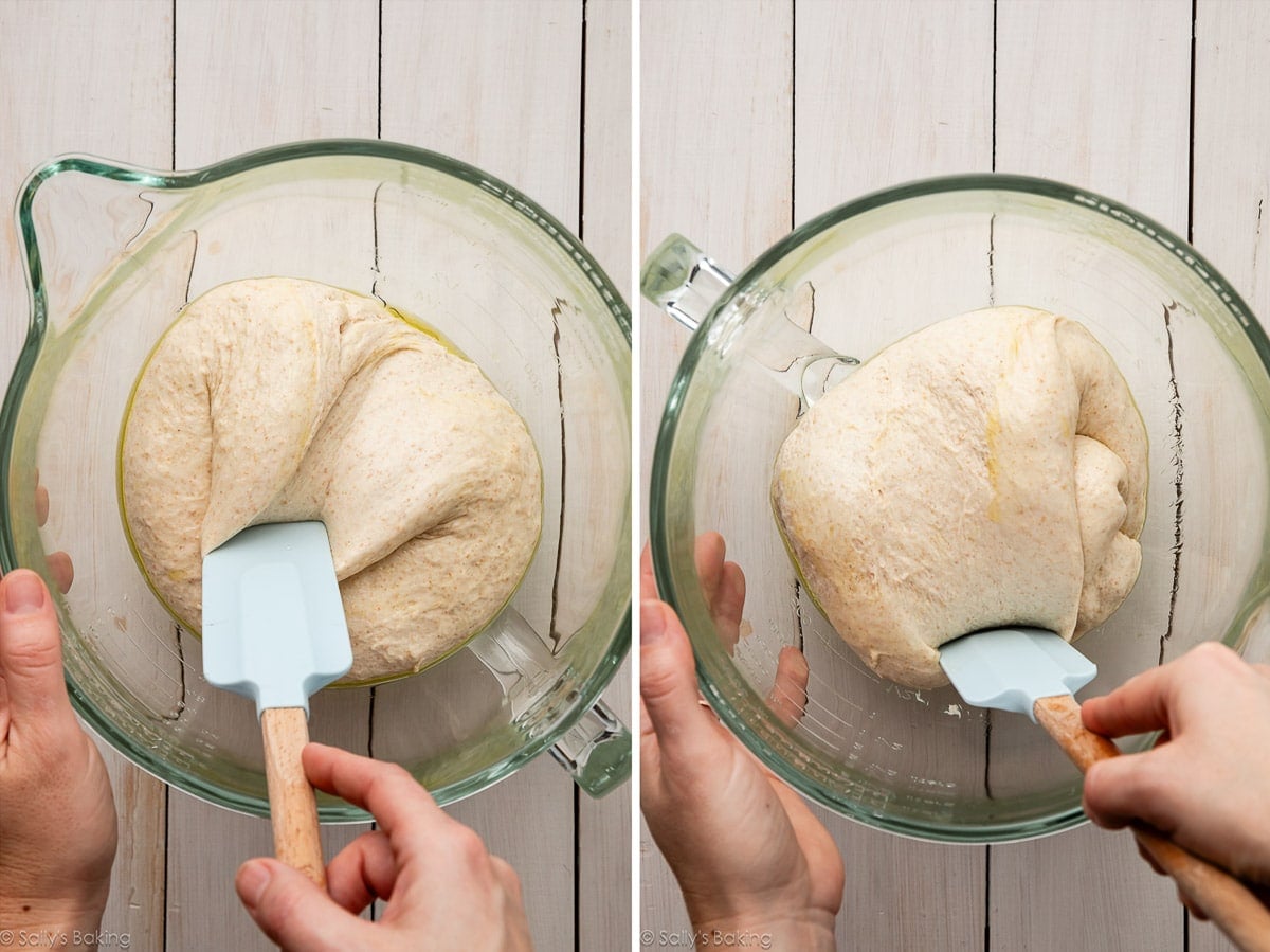 spatula pulling dough over itself.