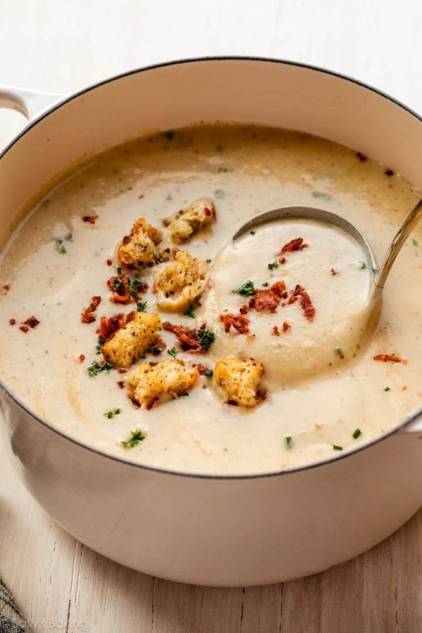 cauliflower soup in pot.