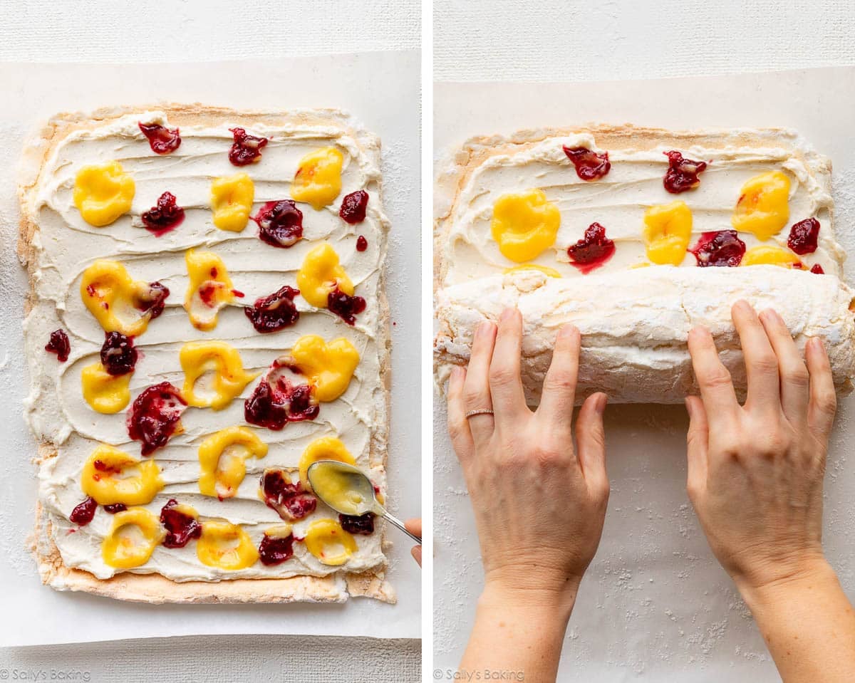 hands rolling up meringue roulade.
