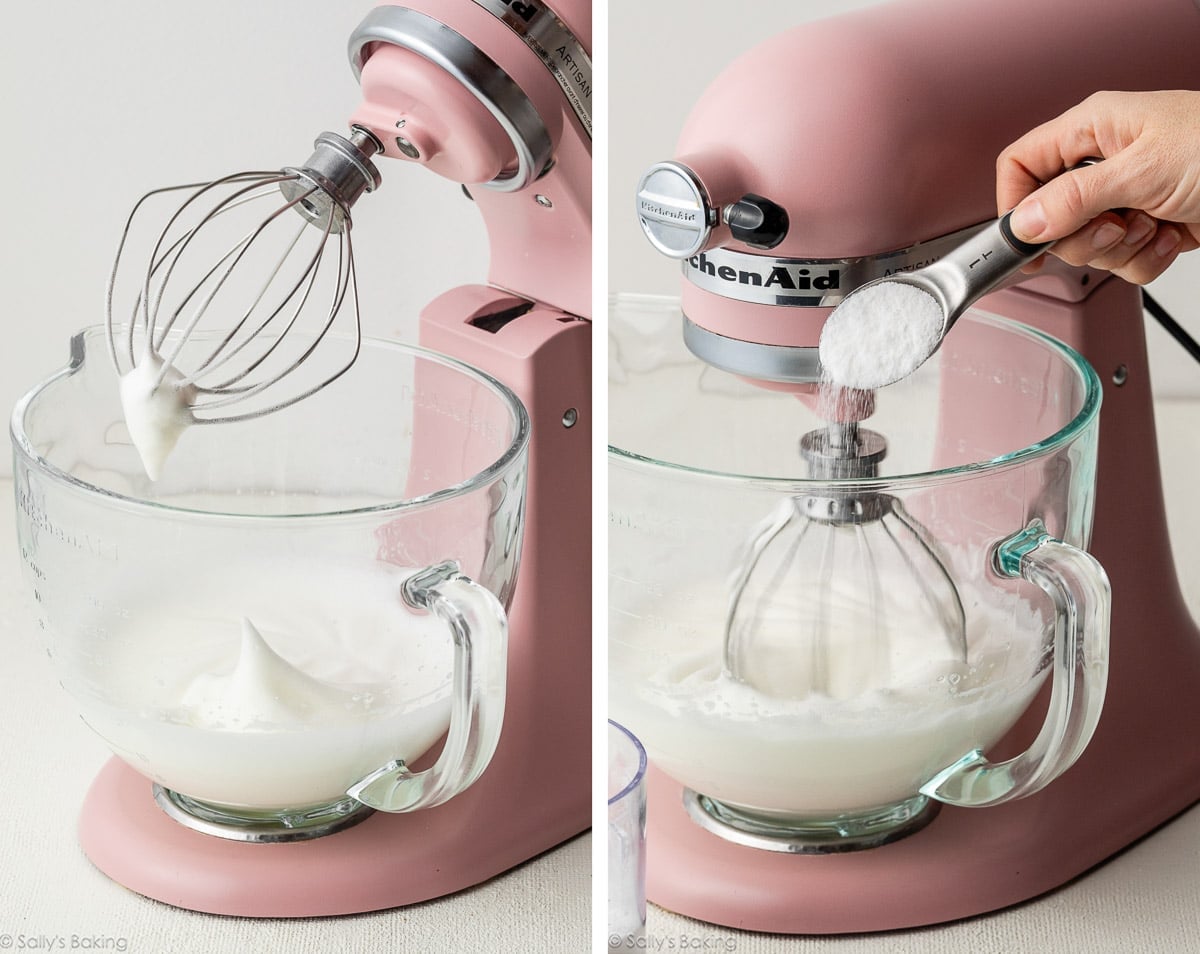egg whites whipped into soft peaks in pink stand mixer.