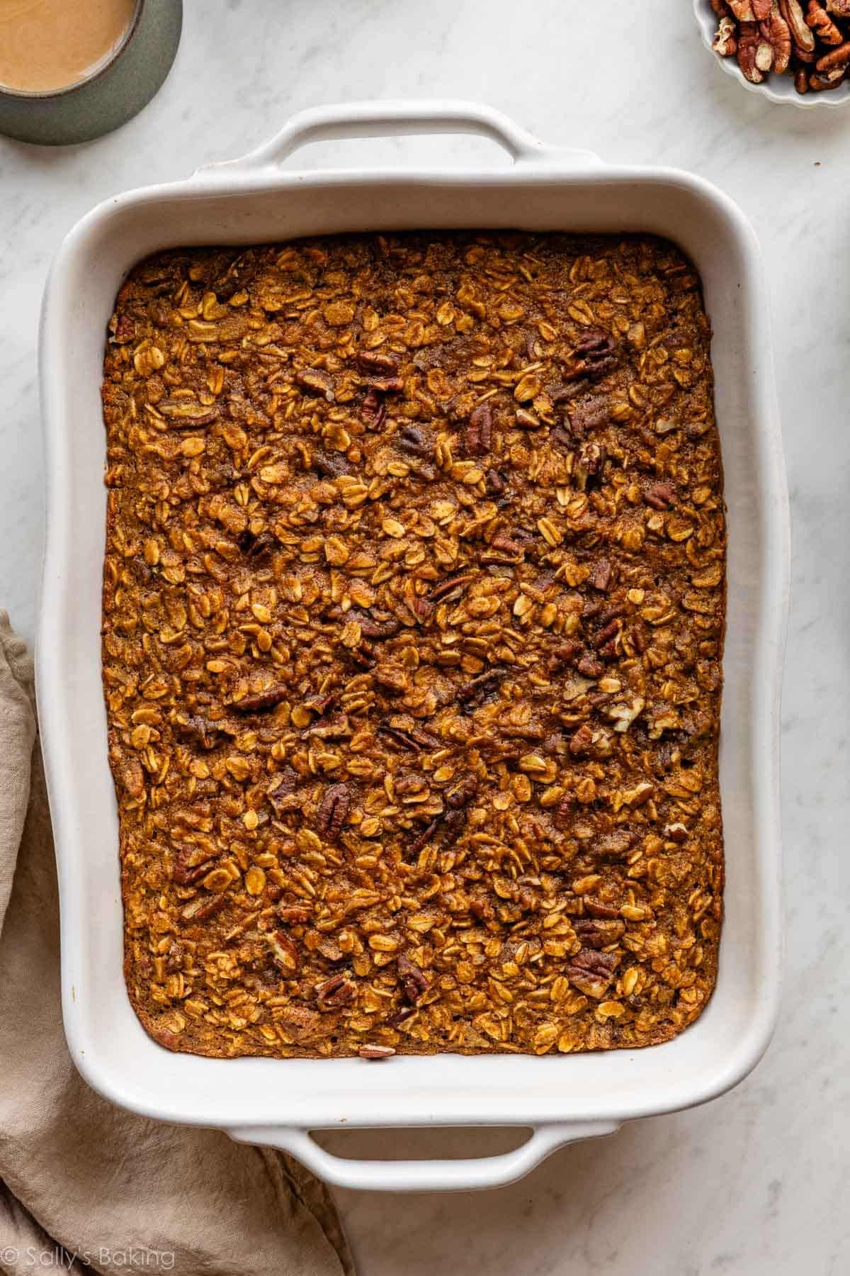 pumpkin baked oatmeal in a white ceramic dish.