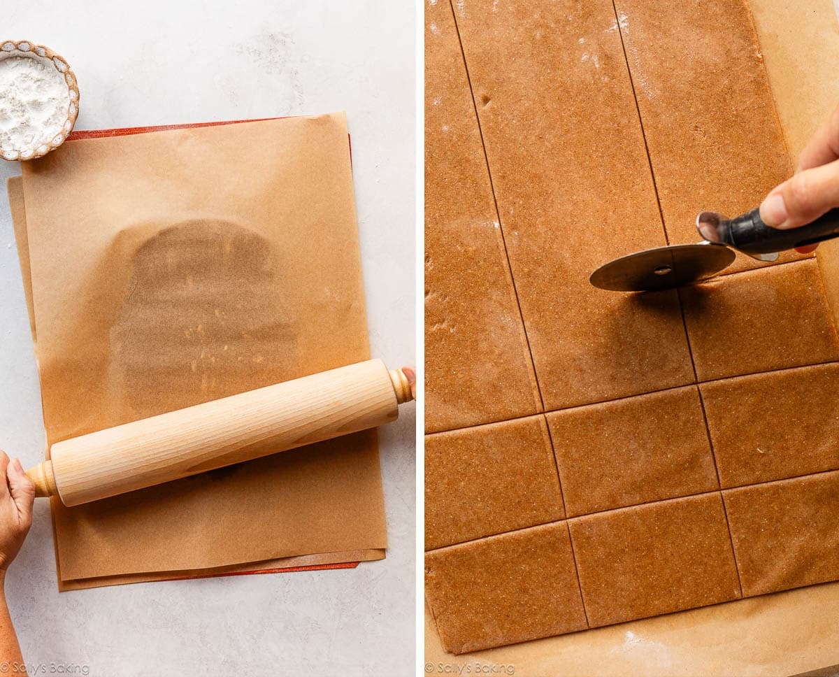 rolling out and cutting homemade graham cracker dough into rectangles.