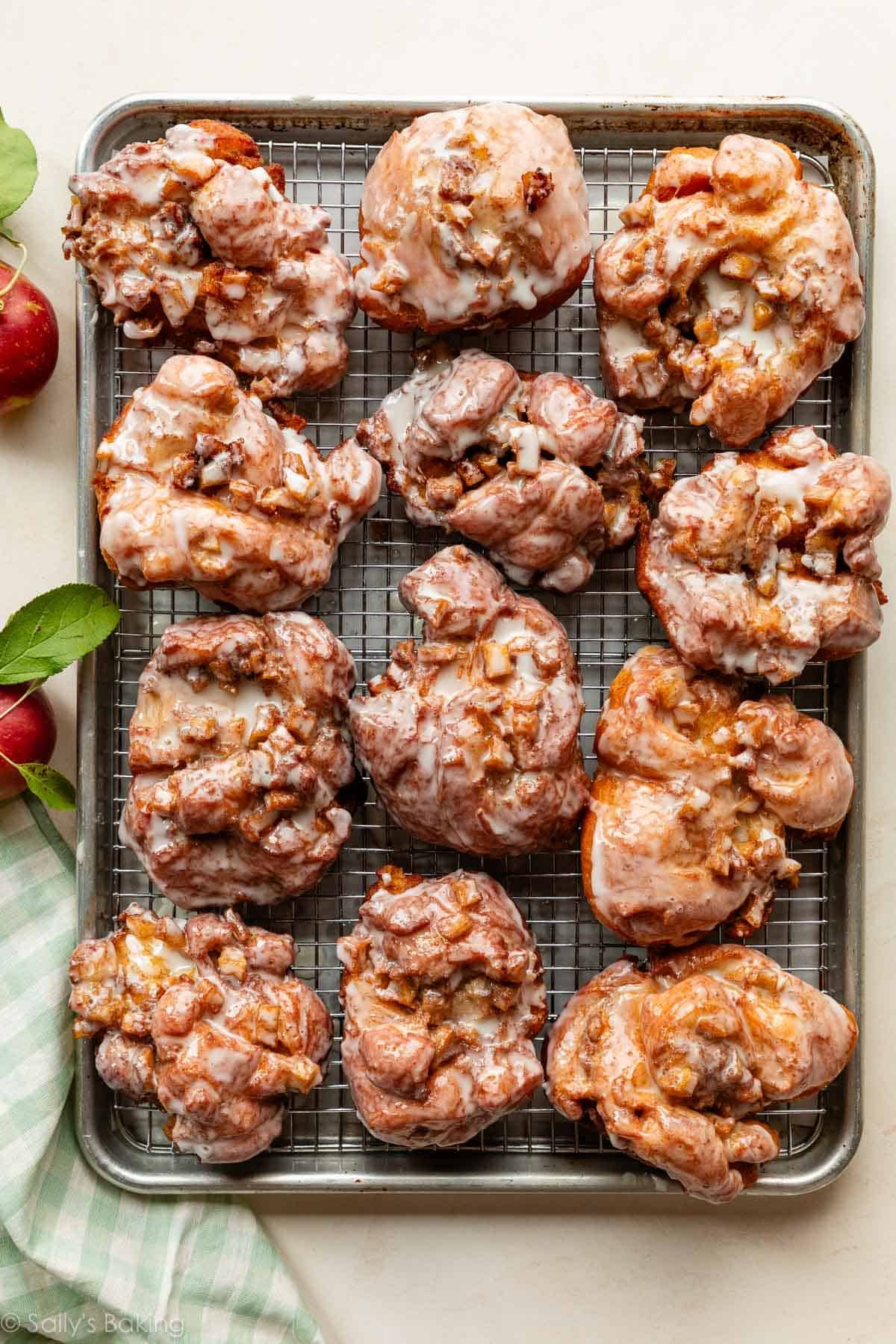 apple fritters on cooling rack.