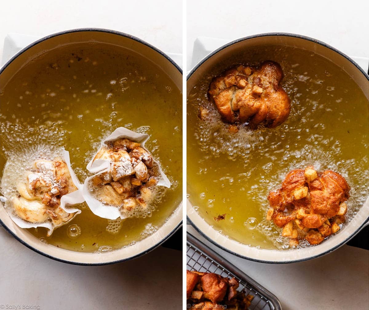 frying apple fritters in oil.