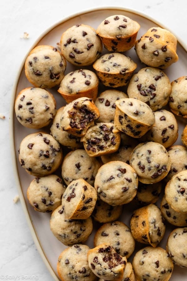 platter of mini chocolate chip muffins.