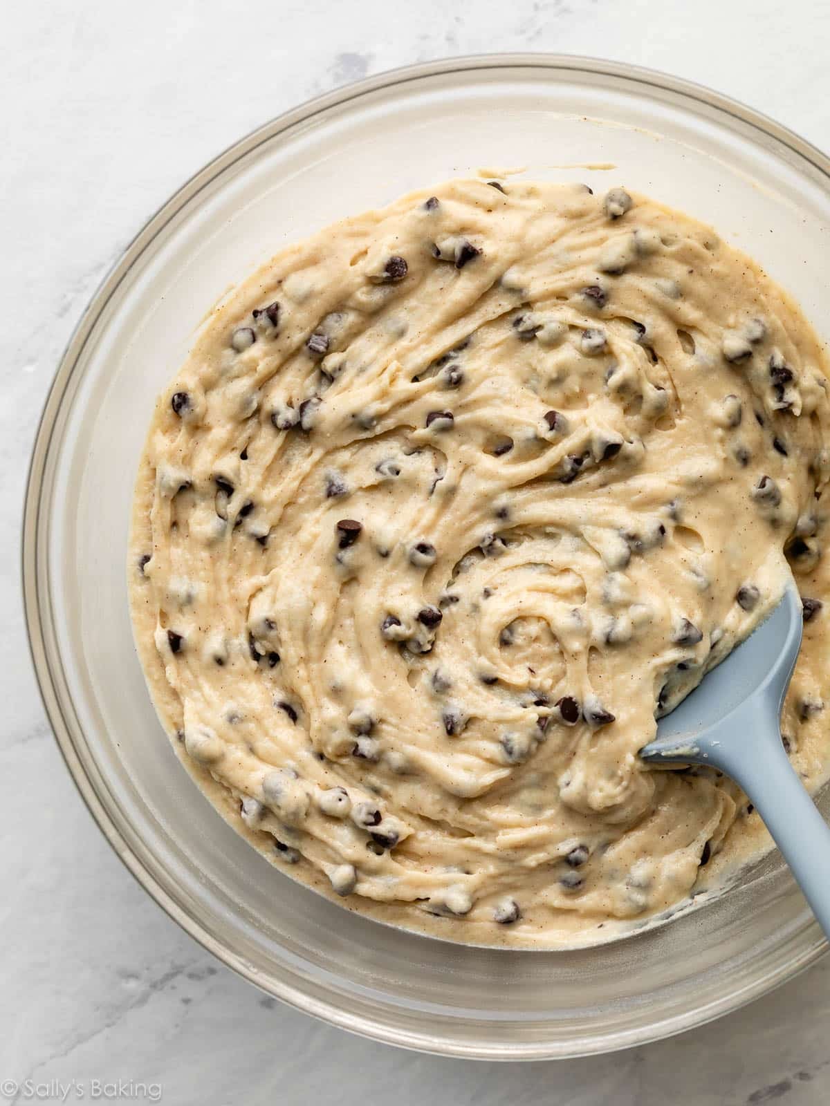 batter with chocolate chips in glass bowl.