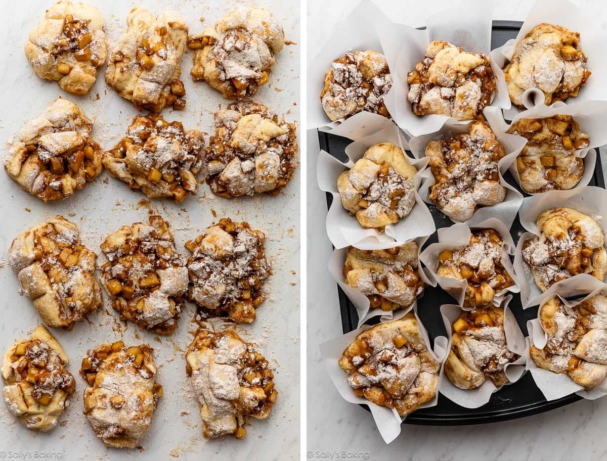 uncooked apple fritters shaped and shown again in a muffin pan.