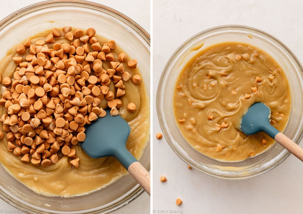 spatula stirring butterscotch morsels into blondie batter.