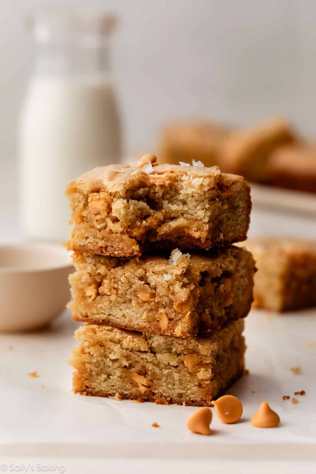 butterscotch blondies in a stack.